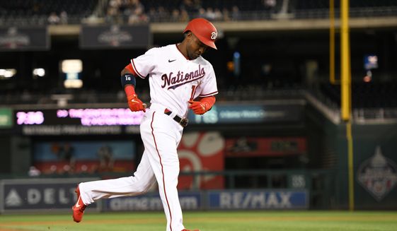 Washington Nationals centerfielder Victor Robles (16) rounding third base after hitting a home run during the 2nd inning in a game against the Atlanta Braves at Nationals Park in Washington D.C., September 27, 2022. (Photo by All-Pro Reels) **FILE**