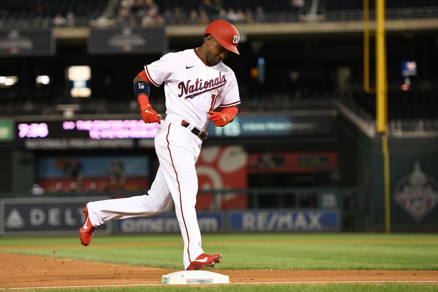 Washington Nationals centerfielder Victor Robles (16) rounding third base after hitting a home run during the 2nd inning in a game against the Atlanta Braves at Nationals Park in Washington D.C., September 27, 2022. (Photo by All-Pro Reels) **FILE**