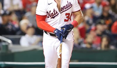 Washington Nationals Designated Hitter Luke Voit (34) watches as he sends a ball flying out into right field at the Atlanta Braves vs Washington Nationals game at Nationals Park in Washington D.C. on September 26th 2022 (Photo: All-Pro Reels/Alyssa Howell)
