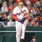 Washington Nationals Designated Hitter Luke Voit (34) watches as he sends a ball flying out into right field at the Atlanta Braves vs Washington Nationals game at Nationals Park in Washington D.C. on September 26th 2022 (Photo: All-Pro Reels/Alyssa Howell)