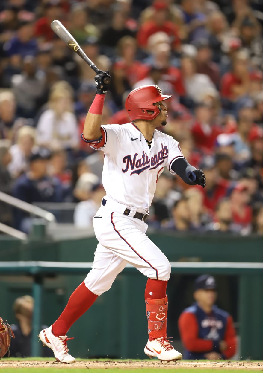 Washington Nationals Outfielder Cesar Hernandez (1) makes contact with the pitch at the Atlanta Braves vs Washington Nationals game at Nationals Park in Washington D.C. on September 26th 2022 (Photo: All-Pro Reels/Alyssa Howell)