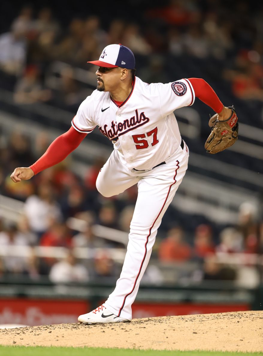 Washington Nationals Pitcher Andres Machado (57) releases the pitch at the Atlanta Braves vs Washington Nationals game at Nationals Park in Washington D.C. on September 26th 2022 (Photo: All-Pro Reels/Alyssa Howell)