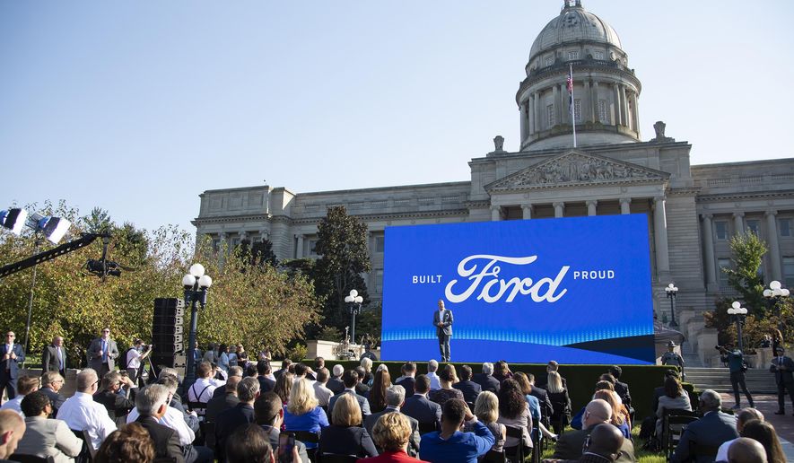 FILE - Executive Chairman of Ford William Clay Ford Jr. speaks during a news conference in front of the capital in Frankfort, Ky., Tuesday, Sept. 28, 2021.  Ford will invest $700 million mainly at its Kentucky Truck Plant in Louisville, creating about 500 new jobs over the next four years. The company made the announcement Tuesday, Sept. 27, 2022, after a state board approved incentives Ford’s investment in Kentucky.(Silas Walker/Lexington Herald-Leader via AP)