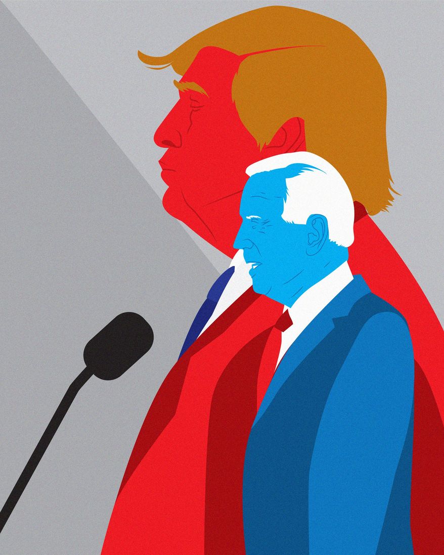 Two Speeches: Biden versus Trump Illustration by Linas Garsys/The Washington Times