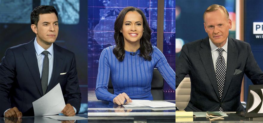 This combination of photos shows, from left, Tom Llamas, host of &amp;quot;Top Story with Tom Llamas,&amp;quot; Linsey Davis on the set of &amp;quot;ABC News Live Prime with Linsey Davis,&amp;quot; and John Dickerson, host of &amp;quot;CBS News Prime Time with John Dickerson.&amp;quot; (NBC/ABC/CBS via AP)