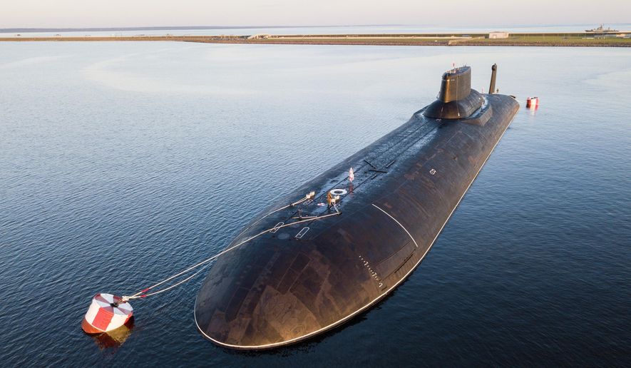The Russian nuclear submarine Dmitry Donskoy moored near Kronstadt, a seaport town 30 km (19 miles) west of St. Petersburg, Russia on Saturday, July 29, 2017. Russian President Vladimir Putin has warned that he wouldn&#x27;t hesitate to use nuclear weapons to ward off Ukraine&#x27;s attempt to reclaim control of its occupied regions that Moscow is about to absorb. (AP Photo) **FILE**
