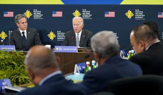 President Joe Biden speaks during the first U.S.-Pacific Island Country Summit at the State Department in Washington, Thursday, Sept. 29, 2022. Secretary of State Antony Blinken listens at left. (AP Photo/Susan Walsh)