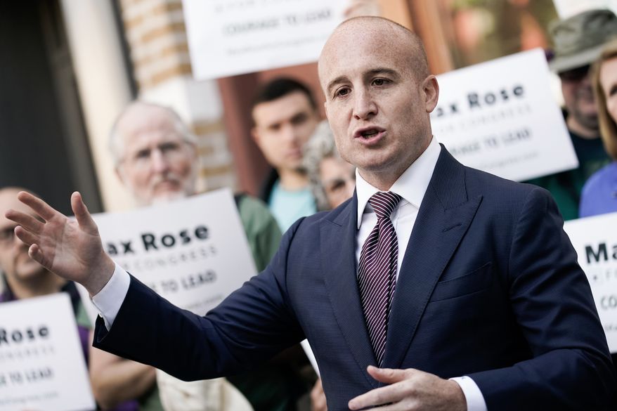 Max Rose, a Democrat who previously served in Congress between 2019 and 2021 and is running for office in New York&#39;s 11th Congressional District, speaks during a press conference, Thursday, Sept. 29, 2022, in the Brooklyn borough of New York. (AP Photo/Julia Nikhinson)