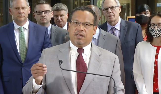 In this image taken from video, Minnesota Attorney General Keith Ellison speaks to the media June 25, 2021, at the Hennepin County Courthouse in Minneapolis, with the prosecution team, after Hennepin County Judge Peter Cahill sentenced former Minneapolis police Officer Derek Chauvin to 22 1/2 years in prison, for the May 25, 2020, death of George Floyd. (Court TV via AP, Pool, File)