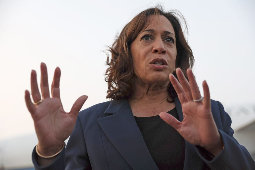 U.S. Vice President Kamala Harris speaks to the media before her departure from the demilitarized zone (DMZ) separating the two Koreas, in Panmunjom, South Korea, Thursday, Sept. 29, 2022. (Leah Millis/Pool Photo via AP)