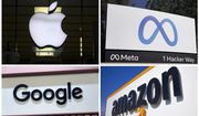 This photo combo of images shows logos for Apple, Meta, Google and Amazon. (AP Photo)