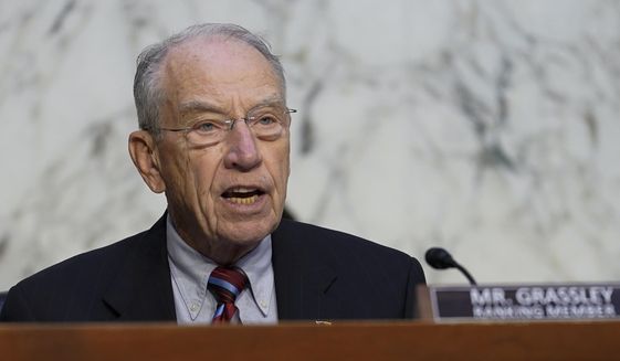 Sen. Chuck Grassley, R-Iowa, asks question during the Senate Judiciary Committee oversight hearing, Thursday, Sept. 29, 2022, on Capitol Hill in Washington. (AP Photo/Mariam Zuhaib) **FILE**