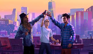This image released by Netflix shows Ty Dolla Sign as Ky, from left, Timothée Chalamet as Jimmy and Scott Mescudi, better known as Kid Cudi, as Jabari in a scene from the animated film &amp;quot;Entergalactic.&amp;quot; (Netflix via AP)