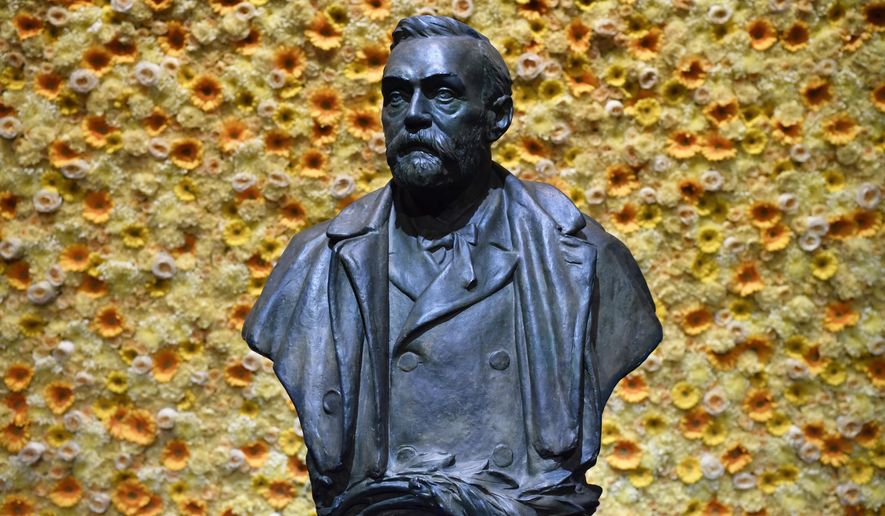 In this Monday, Dec. 10, 2018, file photo, a bust of the Nobel Prize founder, Alfred Nobel on display at the Concert Hall during the Nobel Prize award ceremony in Stockholm. (Henrik Montgomery/Pool Photo via AP, File)