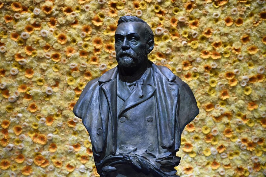 In this Monday, Dec. 10, 2018, file photo, a bust of the Nobel Prize founder, Alfred Nobel on display at the Concert Hall during the Nobel Prize award ceremony in Stockholm. (Henrik Montgomery/Pool Photo via AP, File)