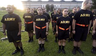 Students in the new Army prep course stand at attention after physical training exercises at Fort Jackson in Columbia, S.C., Aug. 27, 2022. The Army fell about 15,000 soldiers — or 25% — short of its recruitment goal this year, officials confirmed Friday, Sept. 30, despite a frantic effort to make up the widely expected gap in a year when all the military services struggled in a tight jobs market to find young people willing and fit to enlist. (AP Photo/Sean Rayford, File)