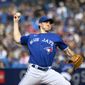 Toronto Blue Jays starting pitcher Ross Stripling throws during the first inning of a baseball game against the Boston Red Sox in Toronto on Saturday, Oct. 1, 2022. (Christopher Katsarov/The Canadian Press via AP) **FILE**