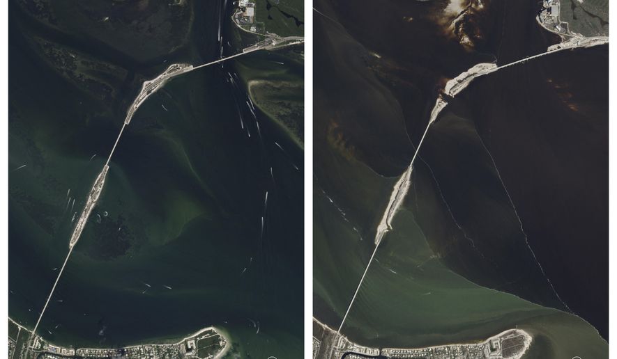 This combination satellite image provided by Planet Labs shows the Sanibel Causeway, Fla., left, taken on July 4, 2021, and damage of the causeway taken Friday, Sept. 30, 2022, after a powerful storm went through the area. A revived Hurricane Ian pounded coastal South Carolina on Friday, ripping apart piers and flooding streets after the ferocious storm caused catastrophic damage in Florida, trapping thousands in their homes and leaving multiple people dead. (Planet Labs via AP)