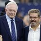 Dallas Cowboys team owner Jerry Jones and Dan Snyder, co-owner and co-CEO of the Washington Commanders, pose for a photo on the field during warmups before an NFL football game in Arlington, Texas, Sunday, Oct. 2, 2022. (AP Photo/Michael Ainsworth) **FILE**