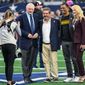 Washington Commanders owner Daniel Snyder poses with Dallas Cowboys owner Jerry Jones prior to kickoff at AT&amp;T Stadium, Arlington, Texas, October 2, 2022. (Photo by Brian Murphy)