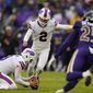 Buffalo Bills place kicker Tyler Bass (2) kicks a 21-yard field goal on the final play of the fourth quarter to give the Bills a 23-20 win over the Baltimore Ravens in an NFL football game Sunday, Oct. 2, 2022, in Baltimore. (AP Photo/Julio Cortez)
