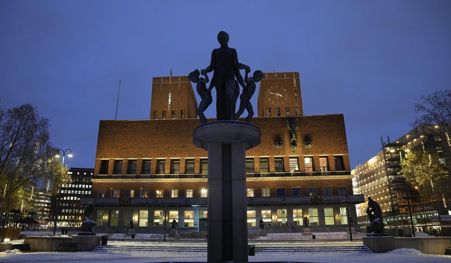 An exterior view of Oslo City Hall, the venue of the Nobel Peace Prize ceremony in Oslo, Dec. 9, 2021. (AP Photo/Alexander Zemlianichenko, File)