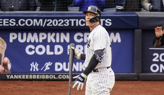 New York Yankees&#39; Aaron Judge reacts after striking out during the seventh inning of a baseball game against the Baltimore Orioles, Sunday, Oct. 2, 2022, in New York. (AP Photo/Frank Franklin II)