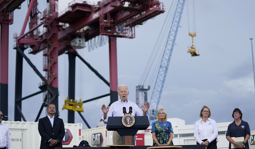 President Joe Biden, with first lady Jill Biden and Puerto Rico Gov. Pedro Pierluisi, delivers remarks on Hurricane Fiona, Monday, Oct. 3, 2022, in Ponce, Puerto Rico. (AP Photo/Evan Vucci)