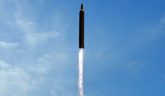This undated photo distributed on   Sept. 16, 2017, by the North Korean government shows what was said to be the test launch of an intermediate range Hwasong-12 in North Korea. North Korea on Tuesday, Oct. 4, 2022 fired an intermediate-range ballistic missile over Japan for the first time in five years. Japanese Defense Minister Yasukazu Hamada said one launched Tuesday could be the same as the Hwasong-12 missile that North has fired four times in the past. The content of this image is as provided and cannot be independently verified. (Korean Central News Agency/Korea News Service via AP, File)