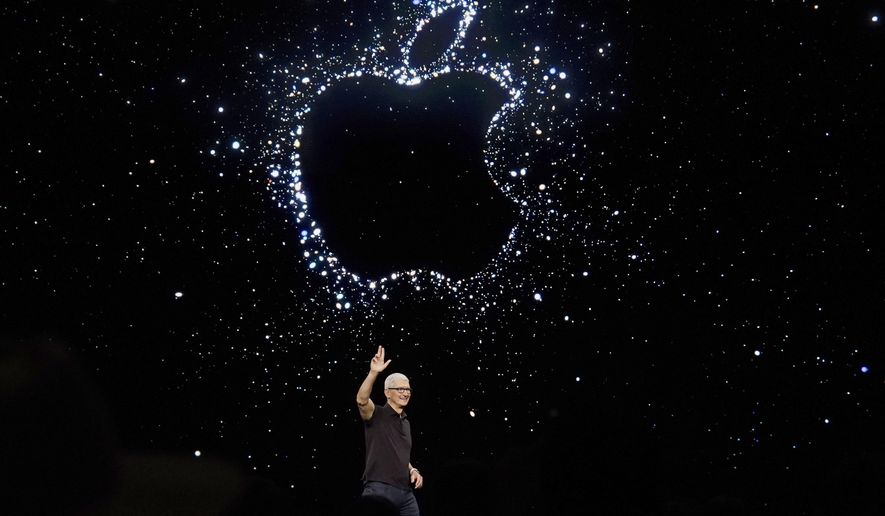Apple CEO Tim Cook speaks at an Apple event on the campus of Apple&#39;s headquarters in Cupertino, Calif., on Sept. 7, 2022. Apple Music is about to reach a huge numerical milestone — offering an eye-popping 100 million songs available on the streaming service. (AP Photo/Jeff Chiu, File)