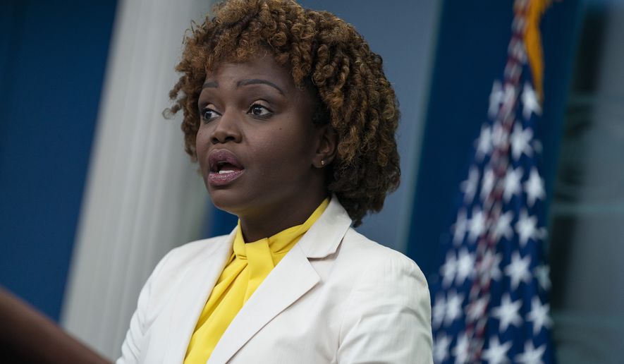 White House press secretary Karine Jean-Pierre speaks during a briefing at the White House, Tuesday, Oct. 4, 2022, in Andrews Air Force Base, Md. (AP Photo/Evan Vucci)