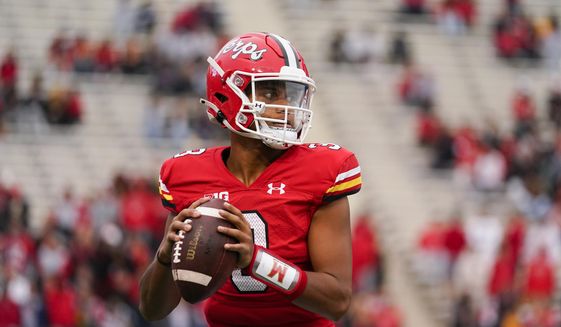 Maryland quarterback Taulia Tagovailoa warms up during the second half of an NCAA college football game against Michigan State, Saturday, Oct. 1, 2022, in College Park, Md. (AP Photo/Julio Cortez) **FILE**