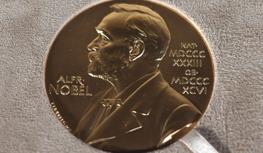 A Nobel medal displayed during a ceremony in New York, Tuesday, Dec. 8, 2020. (Angela Weiss/Pool Photo via AP, File)