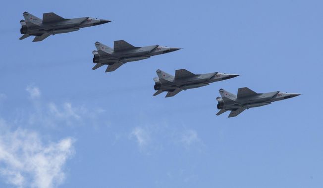 Russian&#x27;s Air Force Mikoyan MiG-31K jets carrying Kh-47M2 Kinzhal nuclear-capable air-launched ballistic missiles fly over Red Square during a rehearsal for the Victory Day military parade in Moscow, Russia, on May 7, 2021. Russian President Vladimir Putin&#x27;s threats to use &amp;quot;all the means at our disposal&amp;quot; to defend his country as it wages war in Ukraine have cranked up global fears that he might use his nuclear arsenal, with the world&#x27;s largest stockpile of warheads. (AP photo) **FILE**
