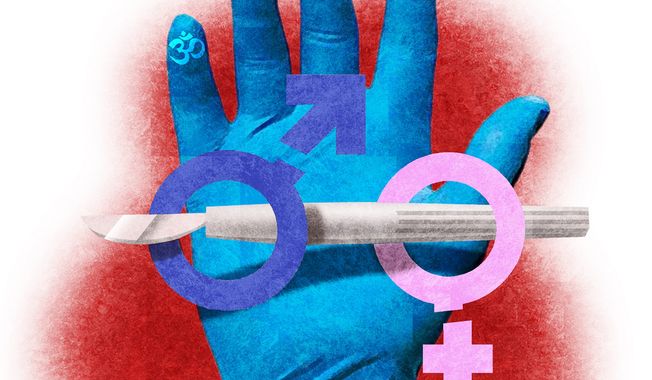 Illustration on health care provider religious freedom and gender change therapy by Alexander Hunter/The Washington Times