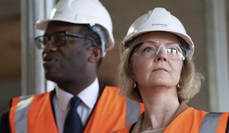 Britain&#39;s Prime Minister Liz Truss, foreground and Chancellor of the Exchequer Kwasi Kwarteng look on, during a visit to a construction site for a medical innovation campus, on day three of the Conservative Party annual conference at the International Convention Centre in Birmingham, England, Tuesday, Oct. 4, 2022. (Stefan Rousseau/Pool Photo via AP)