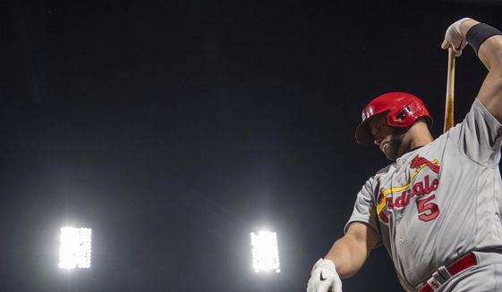 The Cardinals&#39; Albert Pujols warms up before stepping up to the plate on Monday, Oct. 3, 2022, at a baseball game against the Pittsburgh Pirates in Pittsburgh. (Emily Matthews/Pittsburgh Post-Gazette via AP) **FILE**