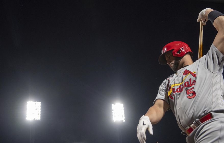 The Cardinals&#39; Albert Pujols warms up before stepping up to the plate on Monday, Oct. 3, 2022, at a baseball game against the Pittsburgh Pirates in Pittsburgh. (Emily Matthews/Pittsburgh Post-Gazette via AP) **FILE**