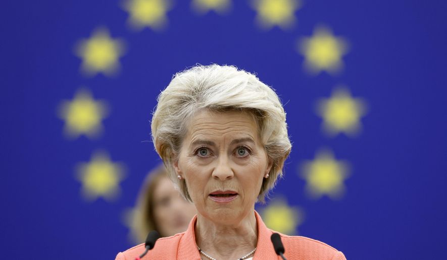 European Commission President Ursula von der Leyen speaks during a commission on Russia&#39;s escalation of its war of aggression against Ukraine, at the European Parliament, Wednesday, Oct. 5, 2022, in Strasbourg, eastern France. (AP Photo/Jean-Francois Badias)