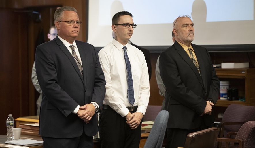 Paul Bellar, middle, appears before Jackson County Circuit Court Judge Thomas Wilson on Wednesday, Oct. 5, 2022 for trial in Jackson, Mich. Paul Bellar, Joseph Morrison and Pete Musico are charged in connection with a 2020 anti-government plot to kidnap Michigan Gov. Gretchen Whitmer. (J. Scott Park/Jackson Citizen Patriot via AP, Pool)