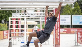 This photo provided by the Union Internationale de Pentathlon Moderne shows Yasser Hefny competing at a test event in Ankara, Turkey on June 28, 2022.  (Augustas Didzgalvis/UIPM via AP)  **FILE**