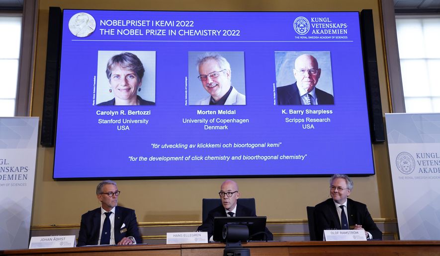 Secretary General of the Royal Swedish Academy of Sciences Hans Ellegren, center, Jonas Aqvist, Chairman of the Nobel Committee for Chemistry, left, and Olof Ramstrom, member of the Nobel Committee for Chemistry announce the winners of the 2022 Nobel Prize in Chemistry during a press conference at the Royal Swedish Academy of Sciences in Stockholm, Sweden, Wednesday, Oct. 5, 2022. The winners of the 2022 Nobel Prize in chemistry are Caroline R. Bertozzi of the United States, Morten Meldal of Denmark and K. Barry Sharpless of the United States. (Christine Olsson /TT News Agency via AP)