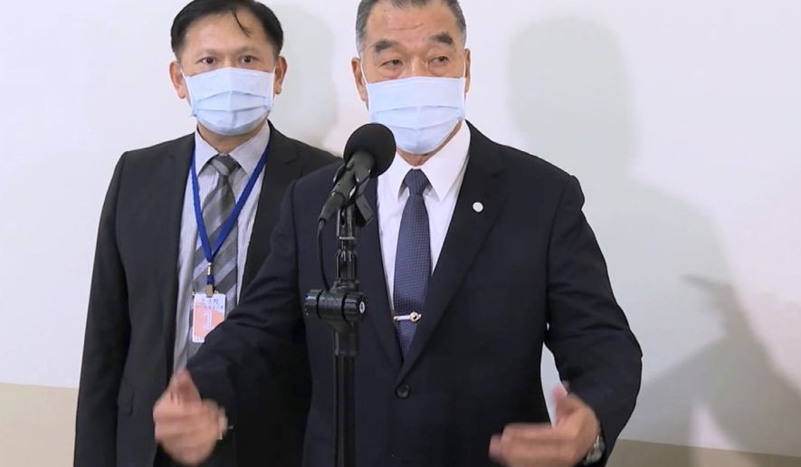 In this image made from video, Taiwan&#39;s Defense Minister Chiu Kuo-cheng speaks in Taipei, Taiwan, Thursday, Oct. 28, 2021. Chiu on Wednesday, Oct. 5, 2022, said the island will respond to incursions into its airspace by Chinese warplanes and drones, but gave no details on specific actions. (EBC via AP, File)