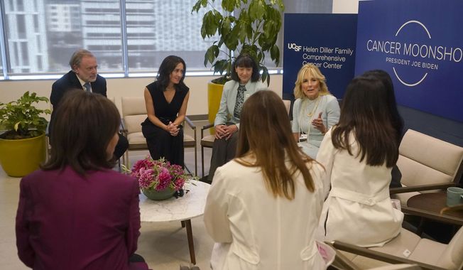 First lady Jill Biden, middle right, gestures while speaking with Dr. Alan Ashworth, clockwise from left, Dr. Paola Betancur, Dr. Monica Bertagnolli, Kami Pullakhandam, hidden, Dr. Rita Mukhtar, Dr. Laura Huppert and Rep. Jackie Speier, D-Calif., during a visit to the University of California San Francisco Helen Diller Family Comprehensive Cancer Center in San Francisco, Friday, Oct. 7, 2022. (AP Photo/Jeff Chiu, Pool) ** FILE **
