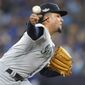 Seattle Mariners starting pitcher Luis Castillo throws against the Toronto Blue Jays during the third inning Game 1 in an AL wild-card baseball playoff series in Toronto on Friday, Oct. 7, 2022. (Nathan Denette/The Canadian Press via AP)