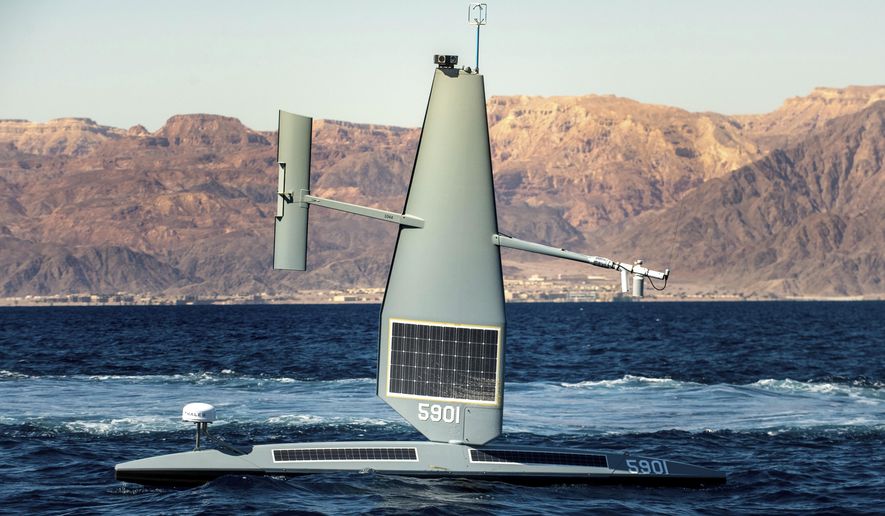 In this file photo released by the U.S. Navy, a Saildrone Explorer unmanned sea drone sails in the Gulf of Aqaba on Feb. 9, 2022. The U.S. Navy held a joint drone drill with the United Kingdom on Friday, Oct. 7, 2022, in the Persian Gulf, testing the same unmanned surveillance ships called Saildrone Explorers that Iran twice has seized in recent months in the Middle East. (Mass Communication Specialist 2nd Class Dawson Roth/U.S. Navy via AP, File)