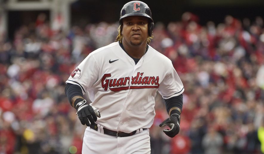 Cleveland Guardians&#x27; Jose Ramirez runs the bases after a two-run home run in the sixth inning of a wild card baseball playoff game against the Tampa Bay Rays, Friday, Oct. 7, 2022, in Cleveland. (AP Photo/Phil Long)