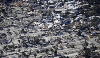 FILE - In a flight provided by mediccorps.org, debris from Hurricane Ian covers Estero Island in Fort Myers Beach, Fla., Sept. 30, 2022. Hurricane Ian confounded one key computer forecast model, creating challenges for forecasters and Florida residents. (AP Photo/Gerald Herbert, File)