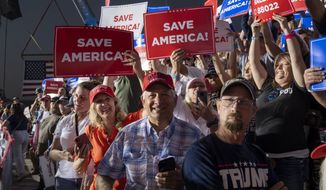 Republican supporters at the Save America Rally for Former President Donald Trump at the Minden Tahoe Airport in Minden, Nev., Saturday, Oct. 8, 2022. (AP Photo/José Luis Villegas, Pool)