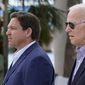 President Joe Biden and Florida Gov. Ron DeSantis arrive to tour an area impacted by Hurricane Ian on Wednesday, Oct. 5, 2022, in Fort Myers Beach, Fla. (AP Photo/Evan Vucci)